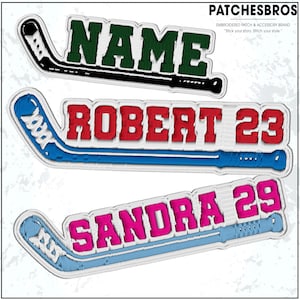 May include: Embroidered hockey-themed patches with names and numbers. The patches feature a hockey stick design with text in green, red, and pink. The brand name "PATCHESBROS" is at the top, along with the slogan "Stick your story. Stitch your style."