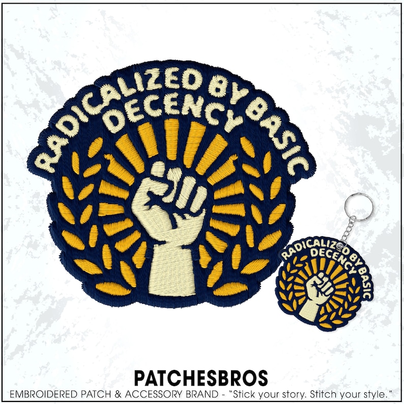 May include: Navy blue embroidered patch and keychain with the text "RADICALIZED BY BASIC" and a raised fist design. The patch and keychain have gold and white detailing. The brand name "PATCHESBROS" is displayed at the bottom.