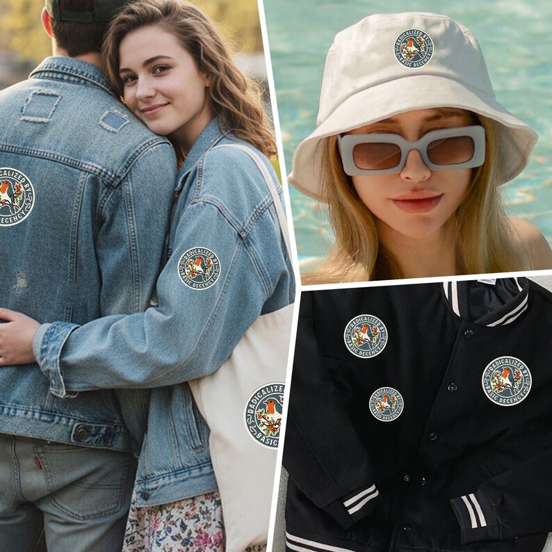 May include: A collection of apparel and accessories featuring a circular patch with a bird illustration and the text "RADICALIZED BY BASIC DECENCY". Items include a light blue denim jacket, a white bucket hat, a tote bag, and a black varsity jacket.