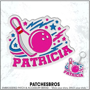 May include: Embroidered patch featuring a pink bowling ball and pin, with the name "PATRICIA" in pink. The design includes blue lightning bolts and stars. A matching keychain is also visible.