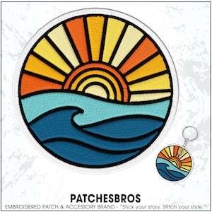 May include: Embroidered patch and keychain featuring a sunset over ocean waves. The patch and keychain have a circular design with orange, yellow, and blue colors. The text "PATCHESBROS" is at the bottom.