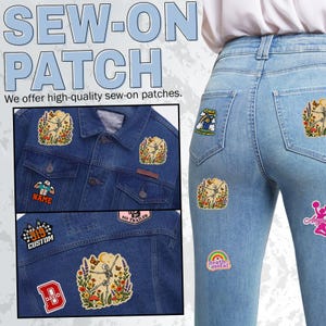 May include: A collection of embroidered sew-on patches featuring various designs including skeletons dancing in floral fields, sports jerseys with names, checkered flags, and rainbows, applied to a dark blue denim jacket and light blue denim jeans.
