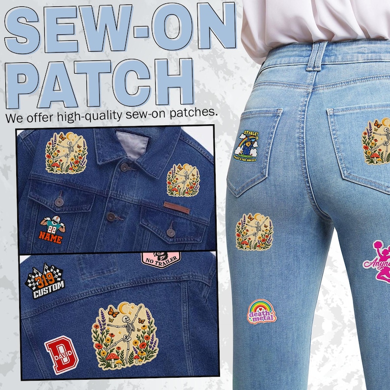 May include: A collection of embroidered sew-on patches featuring various designs including skeletons dancing in floral fields, sports jerseys with names, checkered flags, and rainbows, applied to a dark blue denim jacket and light blue denim jeans.