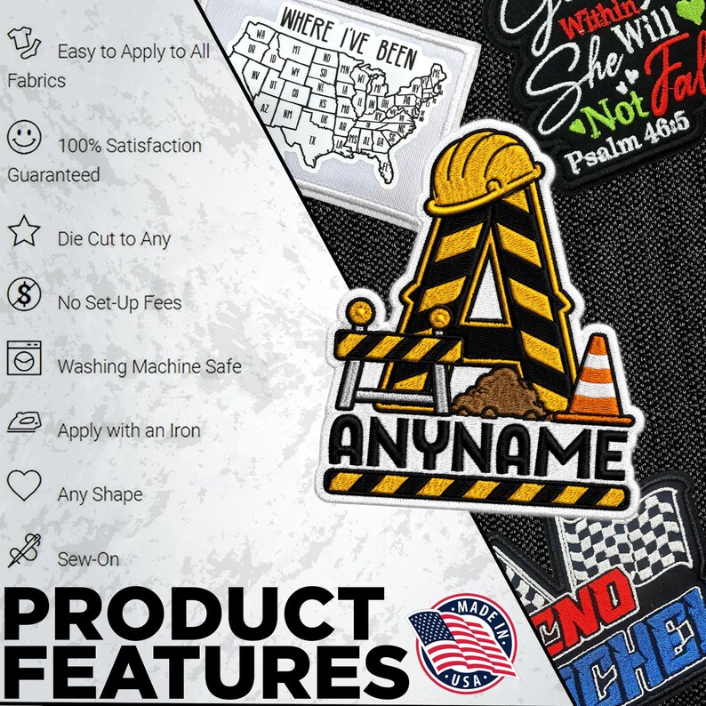 May include: An embroidered patch featuring a yellow construction hard hat atop a large letter A with black and yellow hazard stripes, a construction barrier, a traffic cone, and a pile of dirt, with the text ANYNAME printed in black block letters.