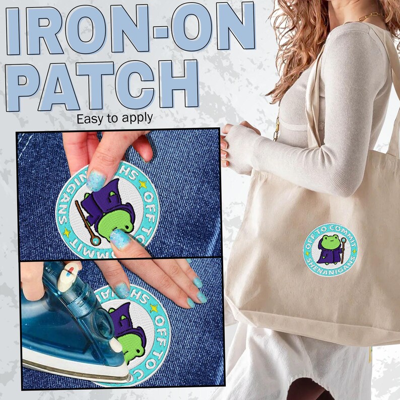K&ouml;nnte beinhalten: Ein B&uuml;gelbild mit dem Text "IRON-ON PATCH" und "Easy to apply". Der Aufn&auml;her zeigt einen Cartoon-Frosch in einem Zauberer-Outfit mit den Worten "OFF TO COMMIT SHENANIGANS". Der Aufn&auml;her wird auf Denim aufgeb&uuml;gelt.
