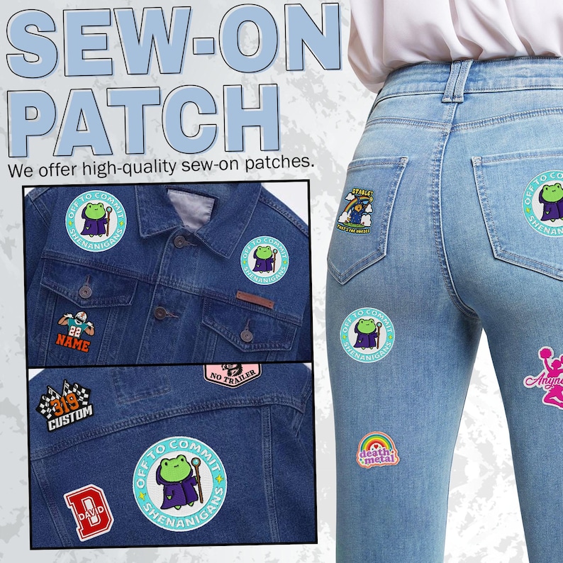 K&ouml;nnte beinhalten: Bild zeigt verschiedene Aufn&auml;her, darunter ein Frosch mit Stab, ein Footballspieler und ein Regenbogen. Die Aufn&auml;her sind auf einer Jeansjacke und Jeans abgebildet. Text auf den Aufn&auml;hern enth&auml;lt "OFF TO COMMIT SHENANIGANS" und "CUSTOM".