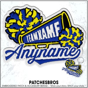 May include: Embroidered patch with a blue and yellow megaphone design. The patch features the text "TEAM NAME" and "Anyname" in white, with a matching keychain. The brand name "PATCHESBROS" is at the bottom.