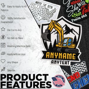 May include: A shield-shaped embroidered patch featuring a yellow excavator, black mountain silhouettes, and evergreen trees. The patch includes a black banner with the yellow text ANYNAME and the white text ANYTEXT below it on a dark background.