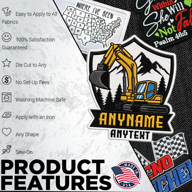 May include: A shield-shaped embroidered patch featuring a yellow excavator, black mountain silhouettes, and evergreen trees. The patch includes a black banner with the yellow text ANYNAME and the white text ANYTEXT below it on a dark background.