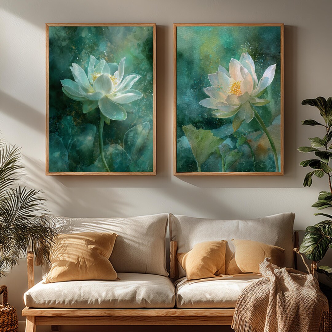 Glow Lotus Watercolor Print – Calm Green Wall Art, Zen Flower ...