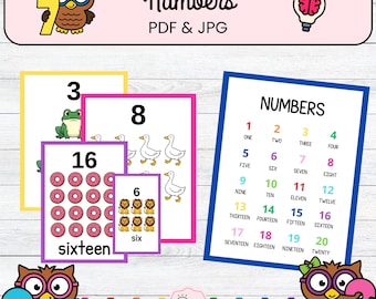 Zahlen Karteikarten für das Klassenzimmer | Klassenzimmer Zahlenposter 1-20 | Vorschule Kindergarten Mathe Wand Kunst PDF & JPG