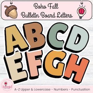 May include: A set of bulletin board letters featuring the alphabet in uppercase, displayed in a muted color palette of tan, brown, sage green, cream, peach, yellow, and orange. Each letter has a thick black outline and a drop shadow effect.