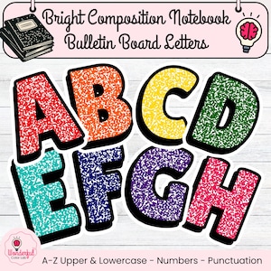 Può includere: Un set di lettere per bacheca con il testo Bright Composition Notebook Bulletin Board Letters e A-Z Upper & Lowercase - Numbers - Punctuation. Le lettere dalla A alla H sono visualizzate in rosso, arancione, giallo, verde, verde acqua, blu, viola e rosa con un motivo a quaderni maculati e ombre nere.