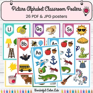 May include: A collection of colorful classroom posters featuring the alphabet. Each poster displays a letter with a corresponding image, such as a lemon for "L" and a school bus for "B". The posters are labeled "Picture Alphabet Classroom Posters" and "26 PDF & JPG posters".