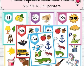 Bild Alphabet Klassenzimmer Poster | A-Z Wanddekor | Buchstabenerkennung | Phonics Visuelle Unterstützung | Pre-K & Kindergarten | Klassenzimmer Dekor.