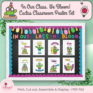 May include: A classroom poster set featuring eight rectangular signs with lined paper backgrounds, each displaying a green cartoon cactus character and motivational text. The posters are arranged on a black background with a colorful border.