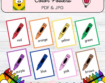 Farbposter für das Klassenzimmer | Helle Farben Dekor | Druckbare Farbkarten für Kinder | Vorschule und Kindergarten Printable PDF & JPG Set.