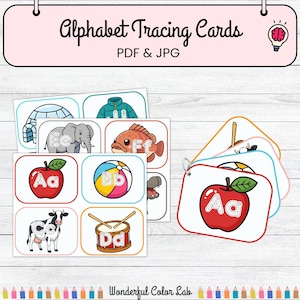 May include: Alphabet tracing cards featuring colorful illustrations of an apple, a beach ball, a cow, and a drum. The cards have the letters Aa, Bb, Cc, and Dd. The text "Alphabet Tracing Cards PDF & JPG" is at the top.