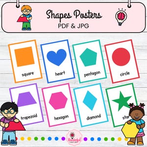 May include: A set of colorful shape posters for educational use. Each card features a different shape, including a square, heart, pentagon, circle, trapezoid, hexagon, diamond, and star. The posters are labeled with the shape names.