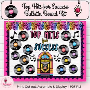 May include: A bulletin board kit featuring a jukebox illustration, musical notes, and black vinyl record cutouts with motivational text. The display includes a colourful leopard print banner, pink scalloped borders, and the text Top Hits for Success.