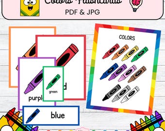 May include: Educational flashcards for learning colors. The flashcards feature colorful crayons and the words for each color, including red, orange, yellow, green, blue, purple, pink, brown, black, gray, and white.