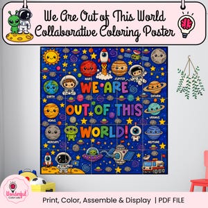 Op de afbeelding: Een grote collaboratieve kleurposter met een donkerblauwe ruimteachtergrond, cartoonplaneten, sterren, een raket en astronauten. De tekst "WE ARE OUT OF THIS WORLD" staat centraal in kleurrijke letters. Het bevat illustraties van de Aarde, Mars, Jupiter, Saturnus, Uranus, Neptunus, Venus en Mercurius.