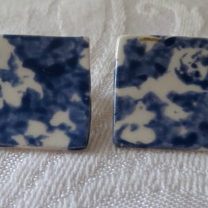 Vintage hand made ceramic denim blue and white earrings and button covers