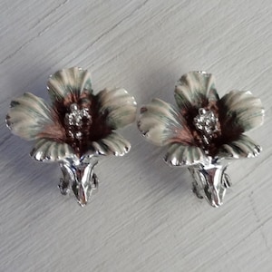 Vintage earrings  enameled silvertone orchid in grey white and red