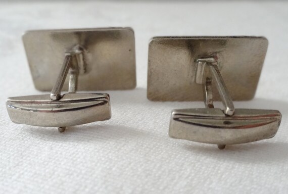 Cufflinks rectangular textured silver tone with d… - image 2