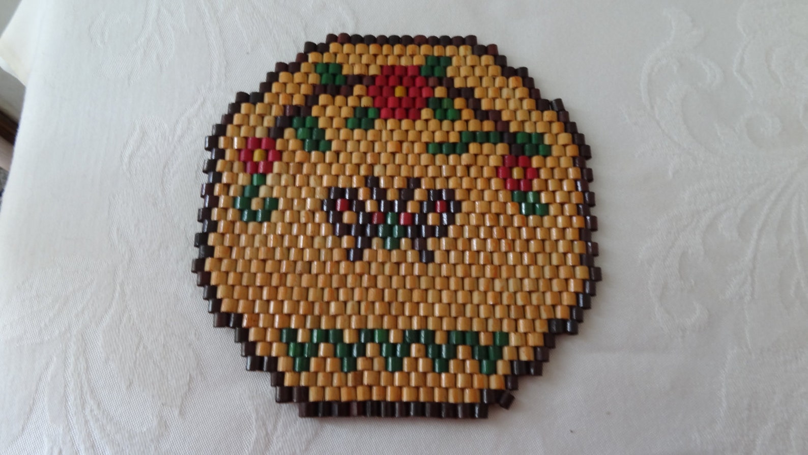 Pair of Vintage Trivets Made From Wooden Beads With Flowers Etsy