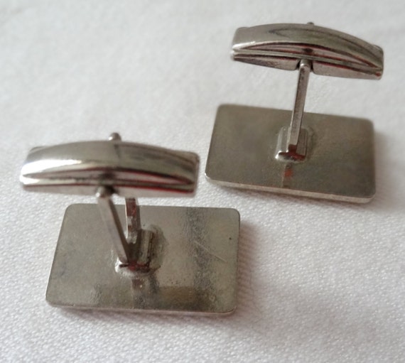 Cufflinks rectangular textured silver tone with d… - image 3