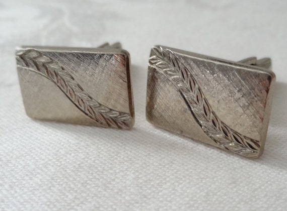 Cufflinks rectangular textured silver tone with d… - image 1