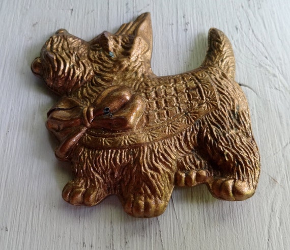 Brooch gold colored celluloid Scottie dog - image 2