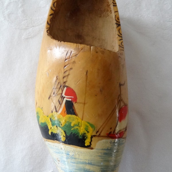 Wooden shoe clog sabot hand painted windmill sail boat souvenir of Holland