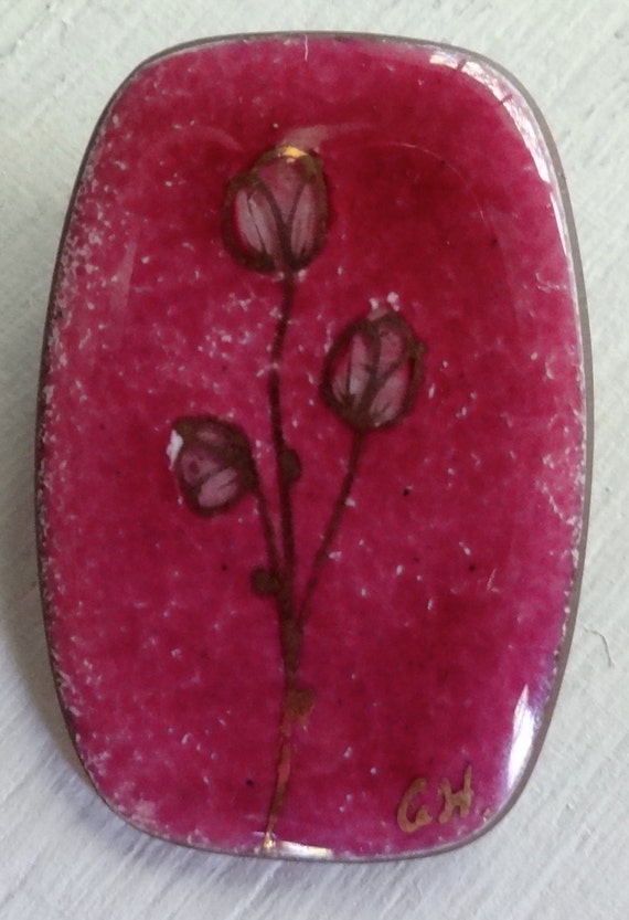 Artisan signed oval copper brooch with fuschia ena