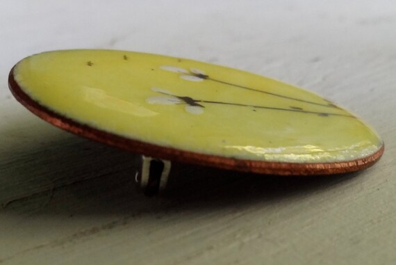 Brooch artisan vintage oval copper enamel yellow … - image 2