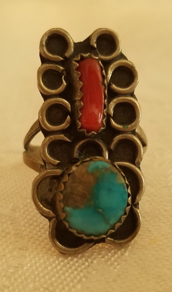 Vintage ring silver, turqouise and coral Native Am