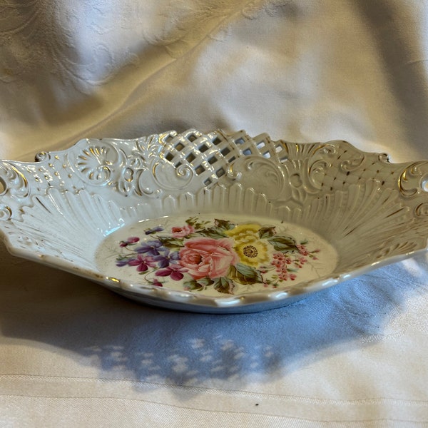 Antique china lattice cut oval serving dish with handles and hand-painted flowers