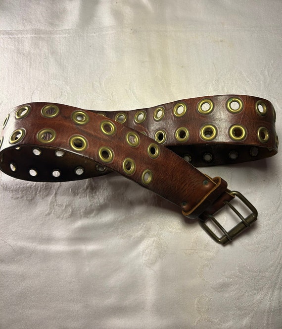 Vintage leather belt with brass buckle and brass g