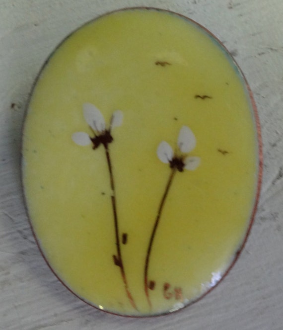 Brooch artisan vintage oval copper enamel yellow … - image 1