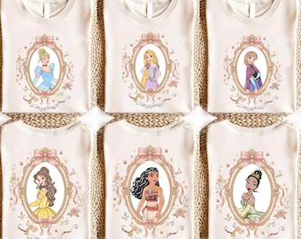 Camiseta de Coquette Bows con todos los personajes de princesas Disney, camiseta de Tiana, Ariel, Elsa, Rapunzel, Bella y Jazmín, camiseta de princesas Disney, camiseta Disney
