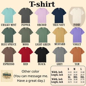 Puede incluir: Se muestran camisetas de colores lisos en tonos como menta tiza, pimienta, orqu&iacute;dea y azul marino. La imagen incluye una tabla de tallas con medidas en pulgadas para las tallas S, M, L, XL, 2XL y 3XL.