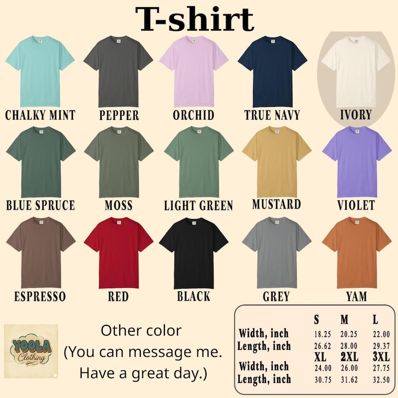 Puede incluir: Se muestran camisetas de colores lisos en tonos como menta tiza, pimienta, orqu&iacute;dea y azul marino. La imagen incluye una tabla de tallas con medidas en pulgadas para las tallas S, M, L, XL, 2XL y 3XL.