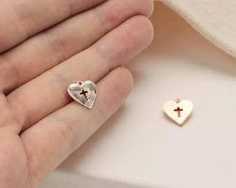 Rose Gold Plated Heart Cross, Heart Bracelet Charm, Tiny Cross Pendant, Mini Heart, Religious Charms,  GD1021