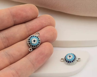 Silver Plated Evil Eye Charm, Micro Pave Evil Eye Bracelet, CZ Evil Eye Connector, Zirconia Charm,  ZC1x4