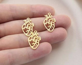 Gold Plated Anatomical Heart Pendant, Gold Heart Charms, Tiny Heart Pendant,