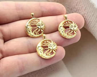 Gold Moon with Sun Pendant, Celestial Charm, Crescent Sun Dainty Pendant, Moon Sun Face Charm,