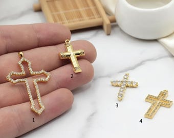 Gold Plated CZ Cross Pendant, Dainty Cross Charms, Micro Pave Cross Charms