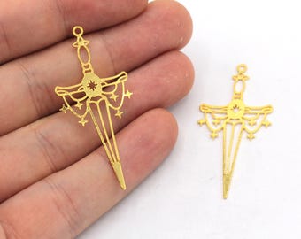 Gold Plated Sword Pendant, Knight's Sword Pendant, Long Sword Charm, Laser Cut Charm, BM255