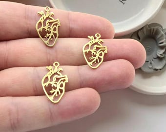 Raw Brass Anatomical Heart Charm, Real Human Heart Charm, Heart Necklace Pendant, Doctor Nurse Charm,